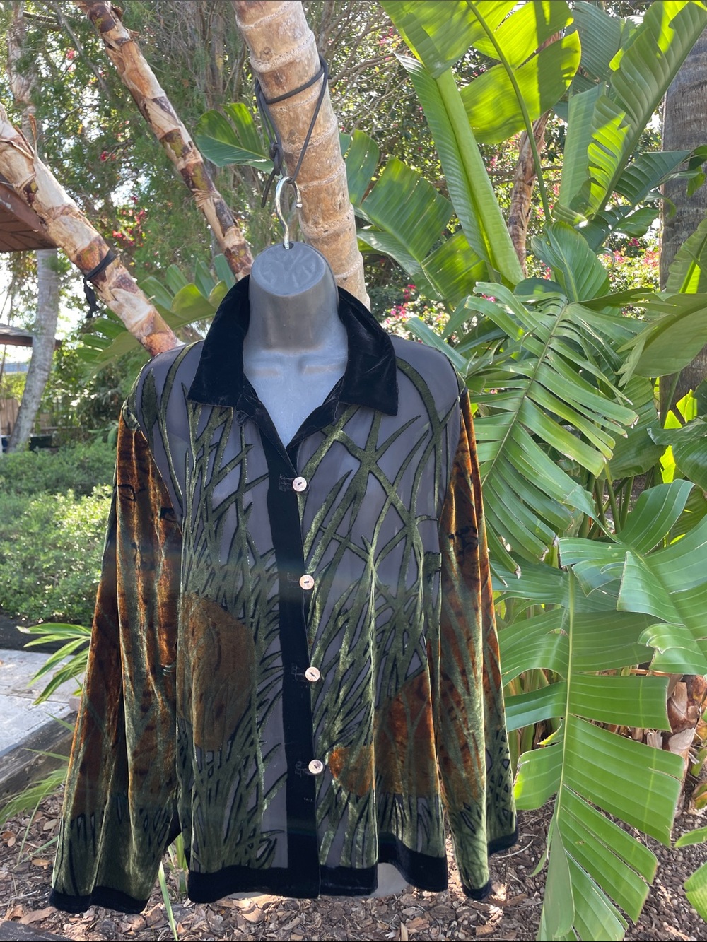 Aris A burn out, semi sheer silk  velvet blouse with animal print theme